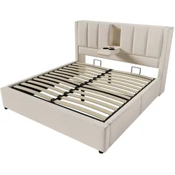 STILVORA Polsterbett aus Leinen Beige 140x200 cm mit Stauraum und Ladestation