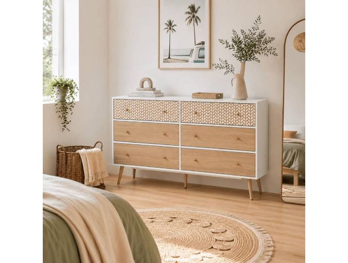 Commode blanc et effet bois et chêne 6 tiroirs 150cm