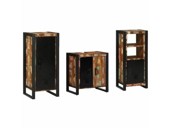 ZQQLVOO Badezimmermöbel-Set 3 STK. Mehrfarbig und Schwarz Massivholz und Eisen, zwei freistehende Schränke, wandmontierter Schrank, Massivholztüren, minimalistisch, rechteckig
