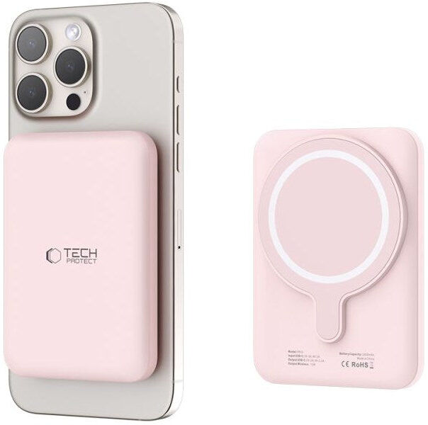 Tech-Protect LifeMag Trådløs Powerbank 5000 mAh - MagSafe Kompatibel - Lyserød