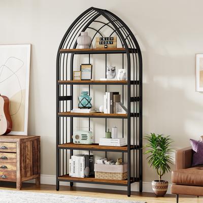 YUZHOU 5-Tier Tall Bookshelf, 74.8-Inch Bookshelf, Industrial Curved Freestanding Display Shelf