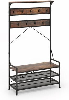 Costway Coat Rack 4-In-1 Hall Tree with 11 Hanging Hooks Shoe Bench-Rustic Brown