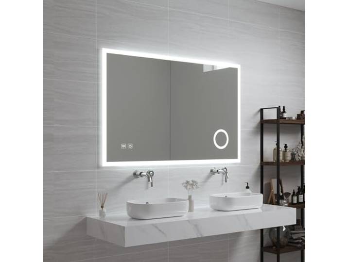 pro.tec LED Badspiegel Scafa Schminkspiegel mit Beleuchtung 3 Lichtfarben horizontal Wandspiegel für Badezimmer rechteckig 100 x 70 cm Weiß beschlagfrei Lichtspiegel mit Lupe