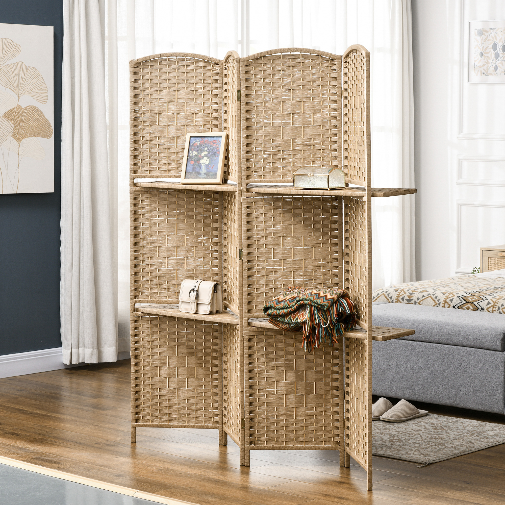 Homcom Paravento da Interno a 4 Pannelli Pieghevole con Mensole 160x170 cm, Colore Naturale