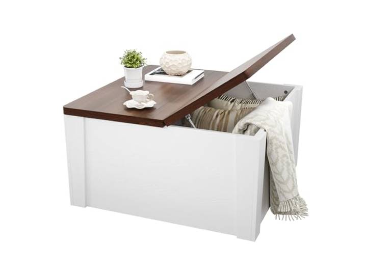 GarveeMore Moderner Lift-Top Couchtisch 80 cm – Quadratisch mit Doppelklappdeckel, Gasdruckfedern & verstecktem Stauraum – Robustes MDF, platzsparend für kleine Wohnräume – Farbe: Weiß + Walnuss