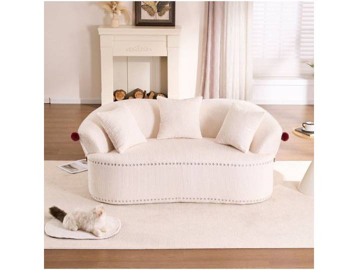 WOVREO Canapé fixe 2 places arrondi blanc en velours côtelé design chapeau de clown