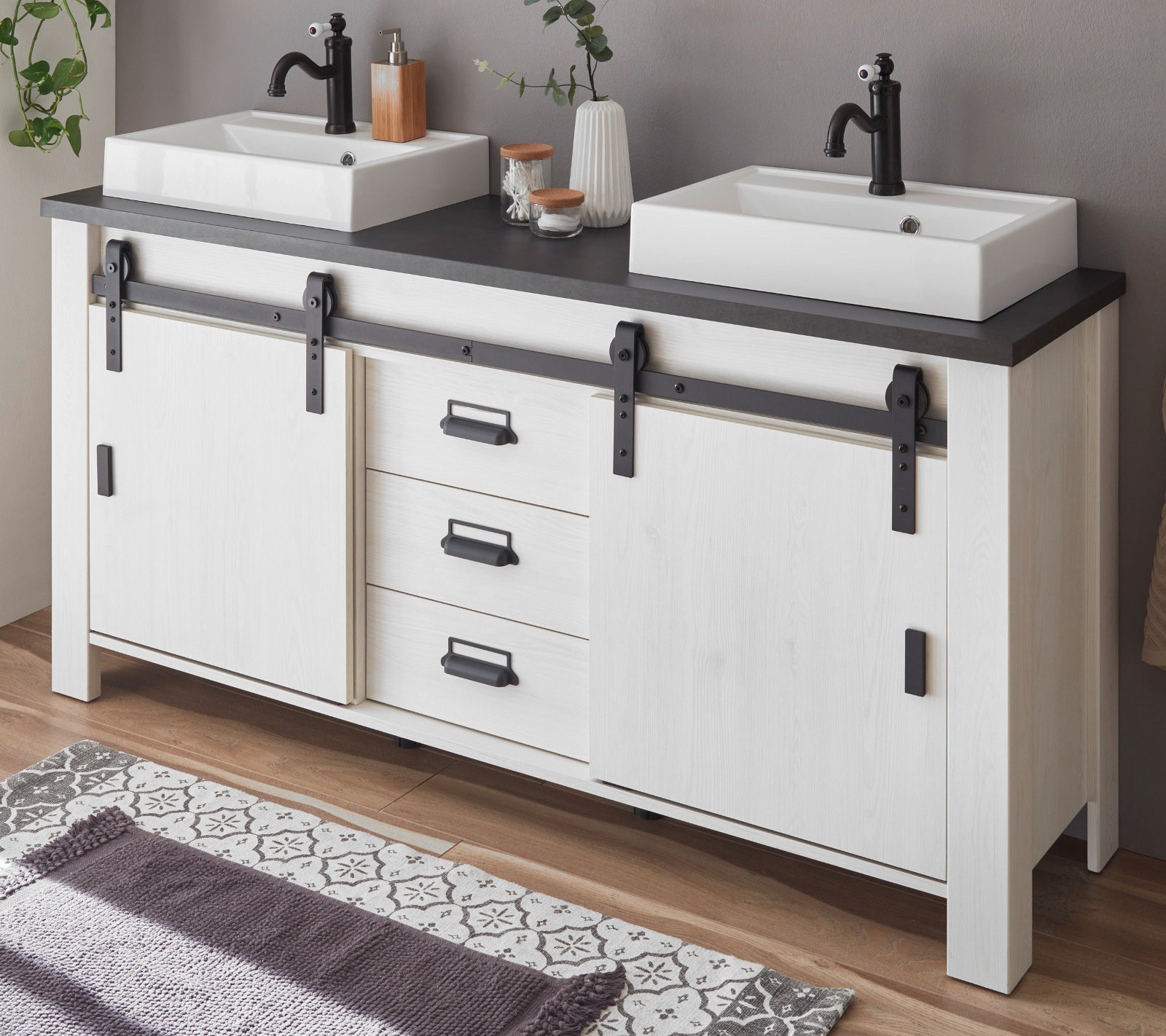 Doppelwaschtisch "Stove" weiß Pinie anthrazit Set inkl. 2x Waschbecken