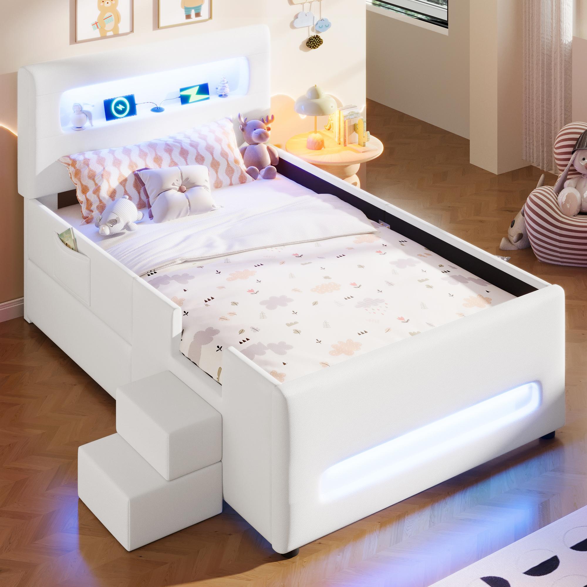 MODFU Kinderbett mit Matratze 90x200 Einzelbett mit Treppe und Schubladen,Bettrahmen mit LED-Lichtleisten und Aufbewahrungstaschen, Weiß