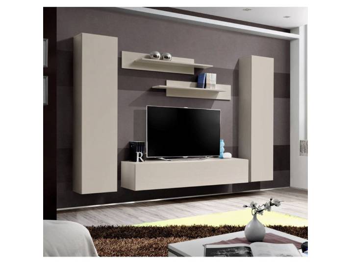 Ensemble meuble TV mural Fly A1 - Bois MDF cachemire - 240 x 170 x 40 cm