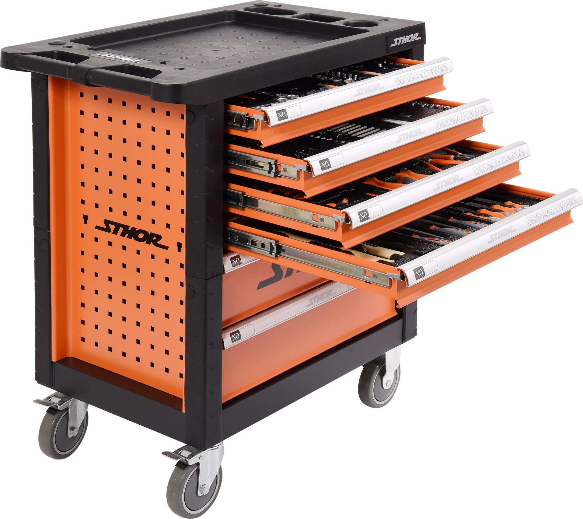 Sthor 58550, Metall, Schwarz, Orange, 3 Schublade(n), 3 Schublade(n), Kugellager-Teleskopschienen, 300 kg