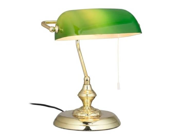 Relaxdays Bankerlampe mit Zugschalter, grüner Schirm, Messing