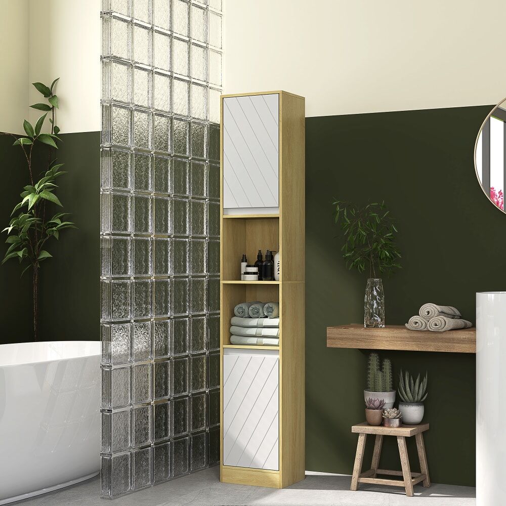 Homcom Meuble colonne rangement salle de bain 2 portes chêne clair blanc Blanc 30x170x24cm