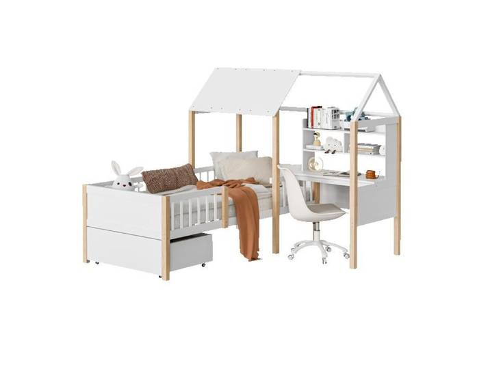ULEVR lit combiné enfant 90 x 200 cm en L avec bureau étagère tiroir sur roulettes et sommier à lattes