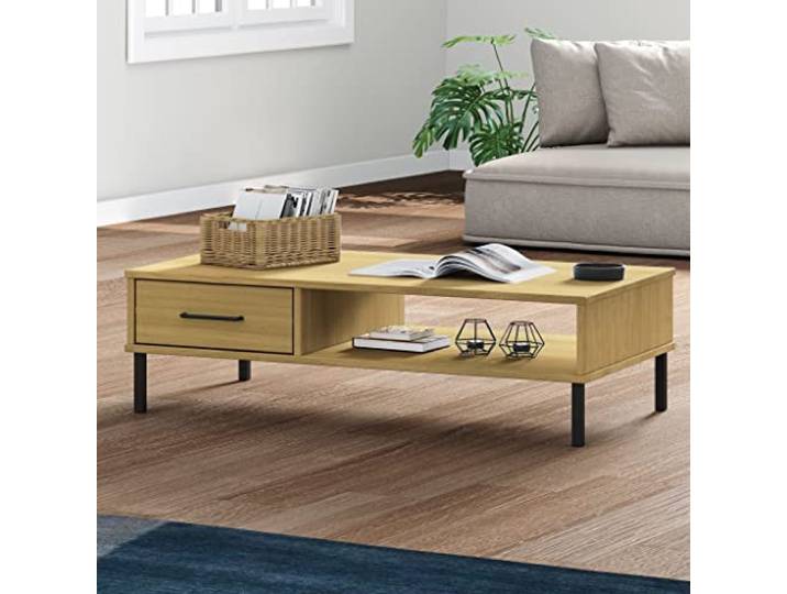 HEFZGDB Couchtisch Oslo mit Metallbeinen Braun Massivholz Kiefer offenes Fach Schublade Stauraum langlebig rustikal