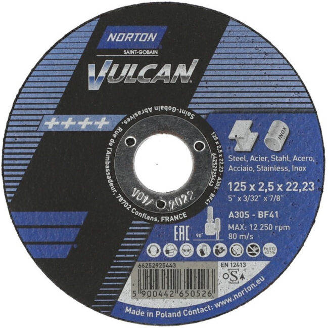 Norton VULCAN Disque de découpe métal inox droit 125x2,5x22,2 ; Saint-Gobain (66252925443)