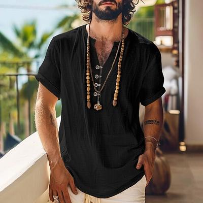 Herren Hemd leinenhemd Sommerhemd Strandhemd Feste Farbe Urlaub Curise Schwarz Beige Kurzarm Stehkragen Sommer Frühling Bekleidung Knopf