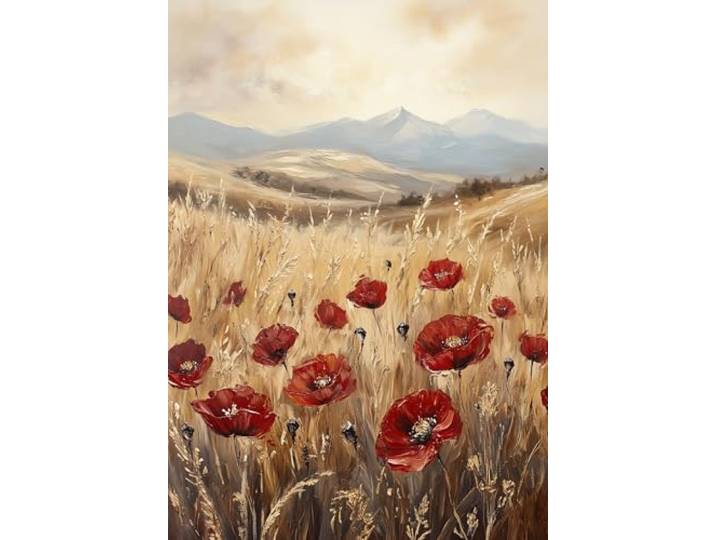 STYLER Leinwandbild Poppy Fields 60 x 80 cm – Leuchtendes Mohnfeld mit sanfter Hügellandschaft – Elegantes Natur-Wandbild in warmen Erdtönen
