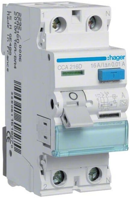 Hager FI-Schutzschalter 2pol. 16A/10mA,6kA CCA216D)