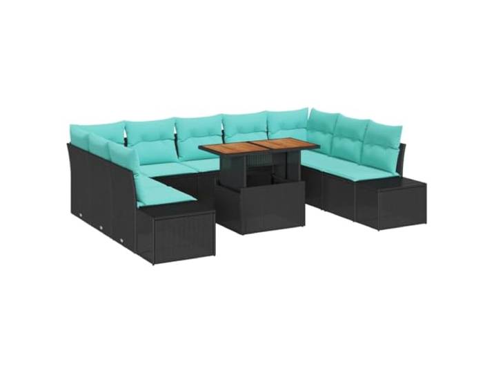 ZQQLVOO Garten-Sofa-Set 10 STK. 9-Sitzanzahl Schwarz Teal Poly-Rattan, pulverbeschichteter Stahlrahmen, Akazien-Tischplatte, modulare Teile, Garten Terrasse Balkon