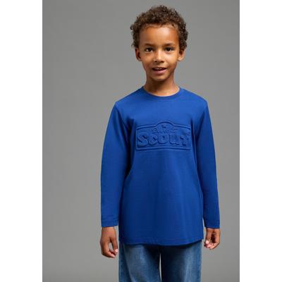 Langarmshirt SCOUT "SCOUT Prägedruck, Logoprint", Jungen, Gr. 128/134, blau, Single Jersey, Obermaterial: 100% Baumwolle, bedruckt, unifarben, bequem hüftlang, Rundhals, Shirts Langarmshirt, Shirt mit coolem SCOUT 3D-Druck