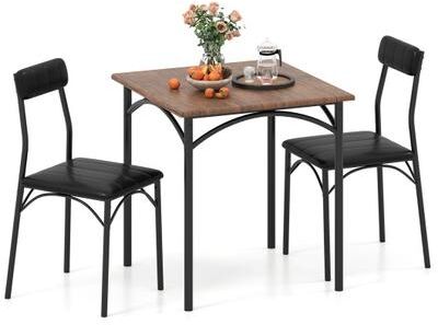 Costway 3-Piece Dining Table Set Square Kitchen Table and 2 Chairs for Dining Room-Rustic Brown