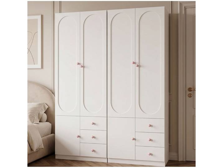 WUVRIE Lot de 2 armoires 4 portes 6 tiroirs penderies avec tringles MDF blanc laqué