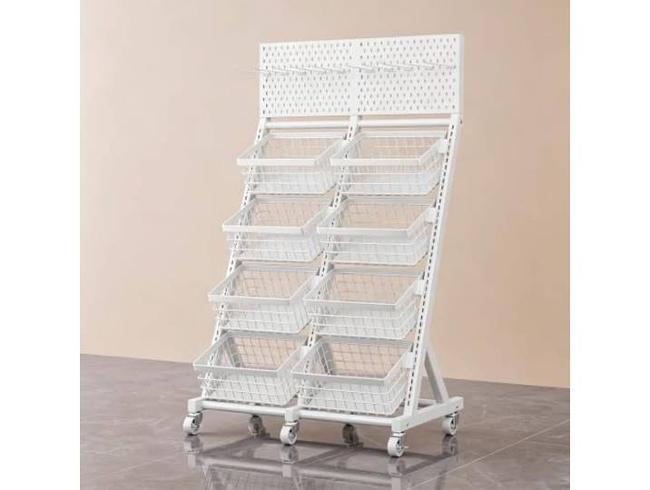 XINMAIZI 3/4-stöckiges Snackregal, freistehendes Verkaufsregal Verkaufsstand für Süßigkeiten und Snacks mit Haken und Rollen, großes Metallsnackregal für Ladenküche(8 baskets)
