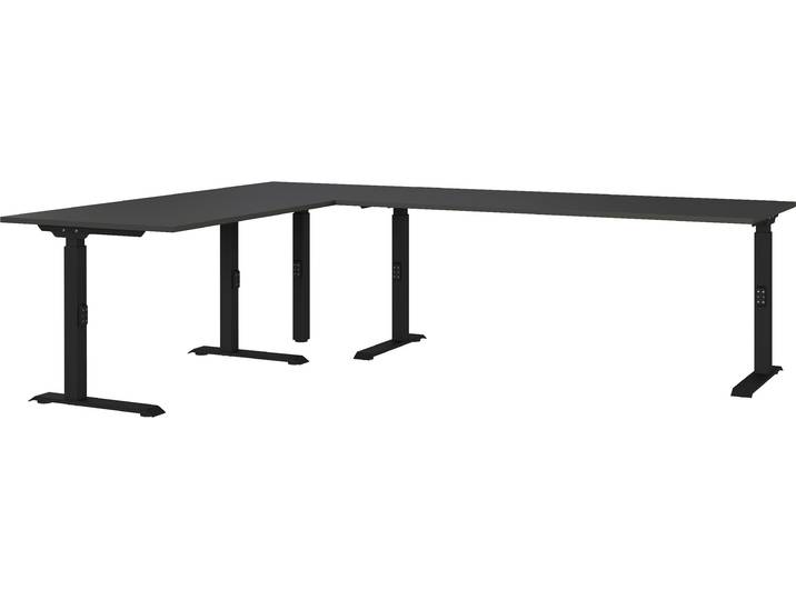 Schreibtisch GERMANIA Mailand , grau (graphit, schwarz, graphit), B:260cm H:91cm T:200cm, Tische, Schreibtisch, Mechanisch höheneinstellbarer Winkelschreibtisch mit einem Stützfuss