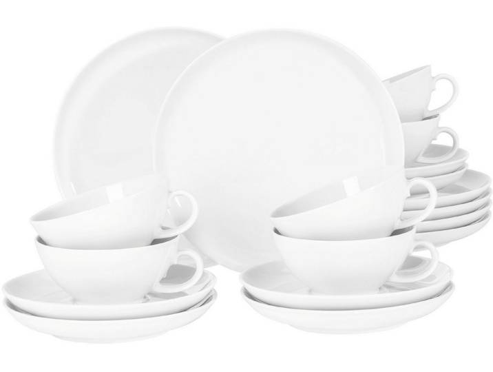 Seltmann Weiden Teeservice Geschirr-Set, 18 Teile, Lido Weiß, rund (18-tlg), 6 Personen, Porzellan, Tassen, Untertassen, Teller, 18 Teile, für 6 Personen, Made in Germany