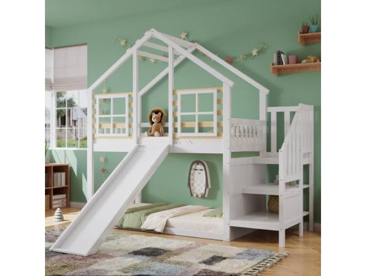 RAPRAP Massivholz-Etagenbett 90x200cm Weiß Mit Rutsche & Fenster Stabiles Hochbett Kinder Mit Treppe, Gitter, Absturzsicherung, Dach-Fenstern & Flexibel Gestaltbarem Unterbett