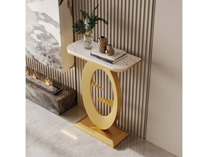 Schmaler Konsolentisch mit Sinterstein-Platte,Flurtisch für Eingangsbereich Sinterstein-Platte, Stabiler Kohlenstoffstahl, Platzsparendes Design, Einfache Montage(Gold-1,39.4in*11.8in)