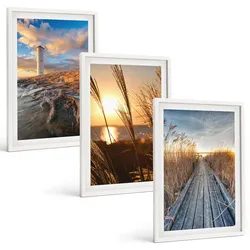 BILDER SET 3er Set - 40x60 cm Weißer Rahmen - Leuchtturm-Grassteg