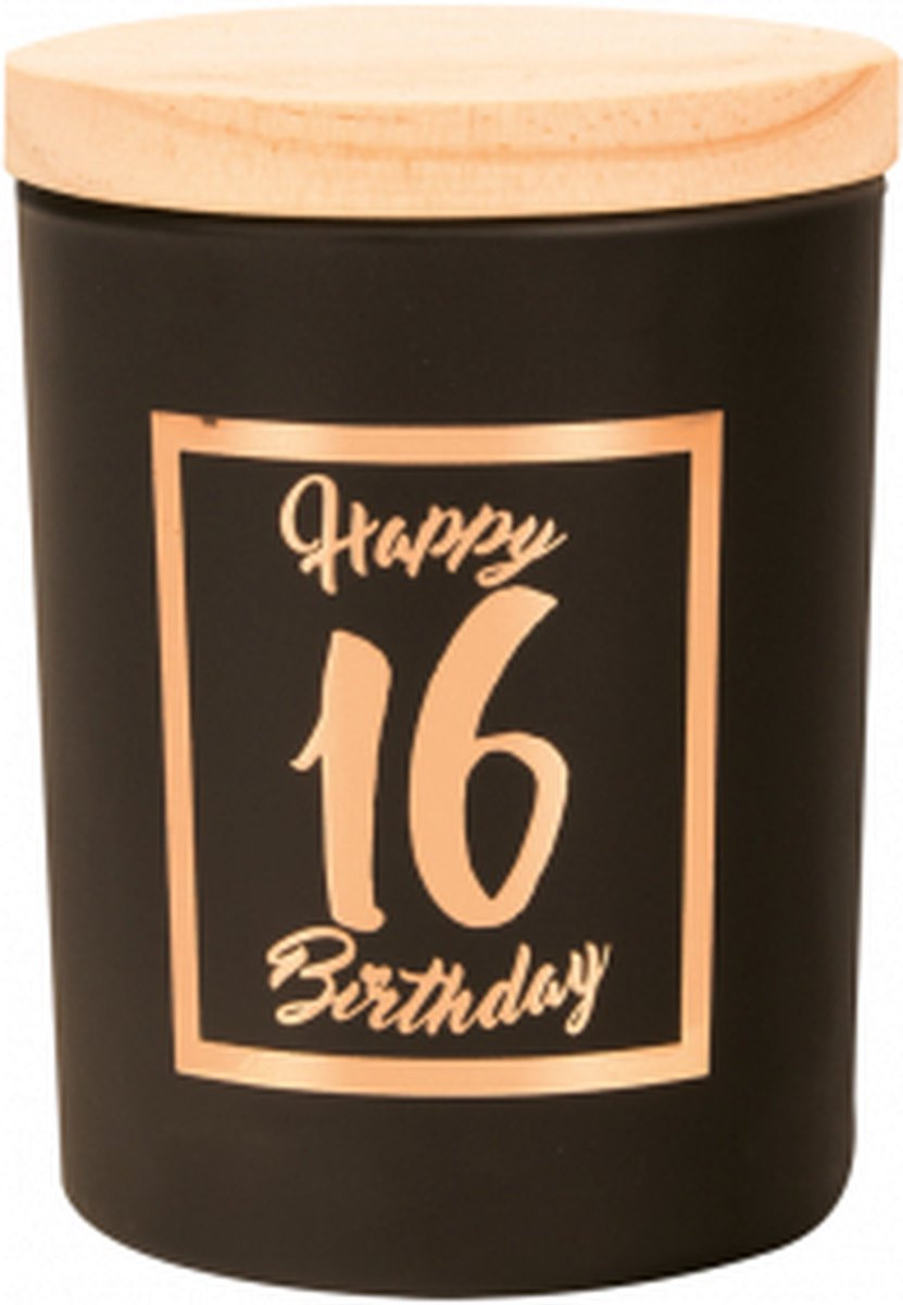 Geurkaars Happy Birthday 16 jaar Black/Rose in cadeauverpakking van Snoepkado.com