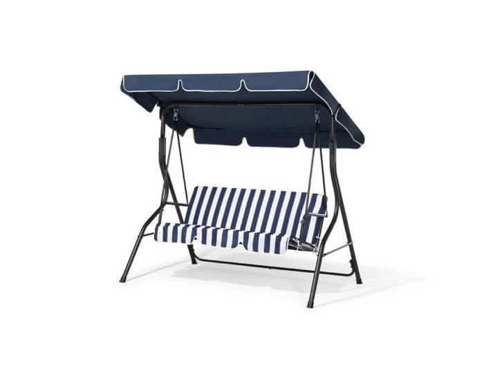 Beliani - Balancelle de jardin bleu et blanc CHAPLIN - Métal - 3 personnes - Baldaquin réglable
