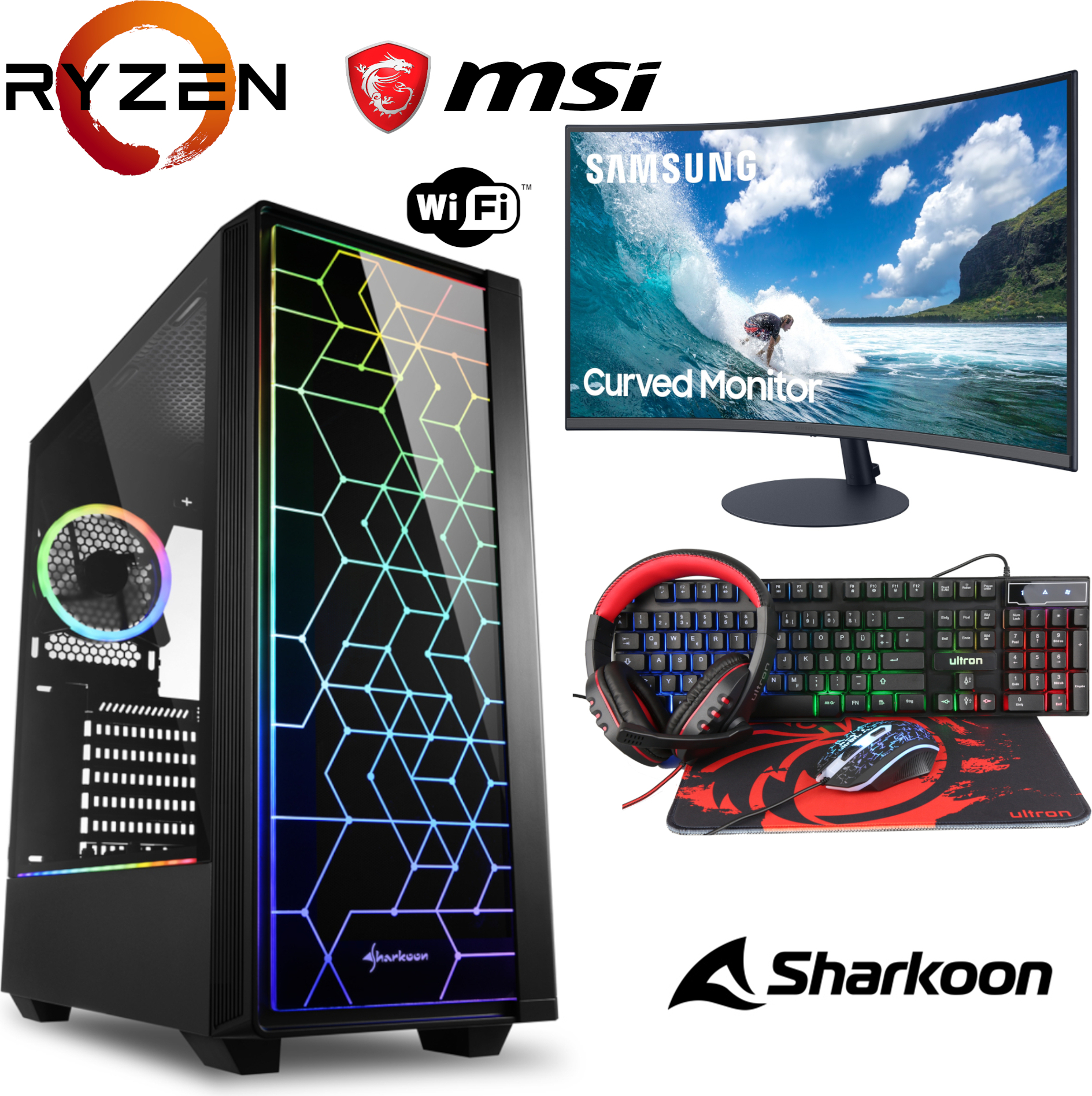 Gaming Komplett Set - Ryzen 5 5600G 6x4,4GHz - 8GB RAM - Radeon Graphics - Samsung Curved LCD LED Monitor - 4 in 1 Gaming Kit - RGB Echtglas Gehäuse