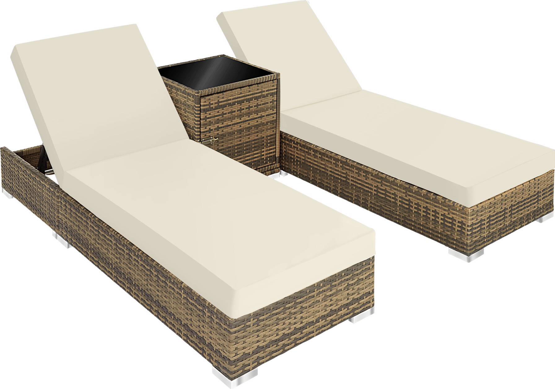 tectake 2er Set Sonnenliegen verstellbar Aluminium Rattan Schutzhülle Tisch 184x60x21cm