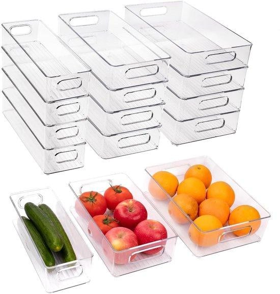 Unyqoos 12-delige set transparante stapelbare opbergboxen met handgrepen, 3 verschillende maten, BPA-vrij plastic