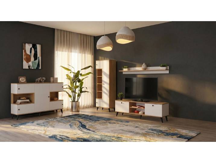 JVmoebel Wohnwand Modernes weißes TV-Set Konsole TV-Unterschrank Regal Bücherregal, Made in Europa