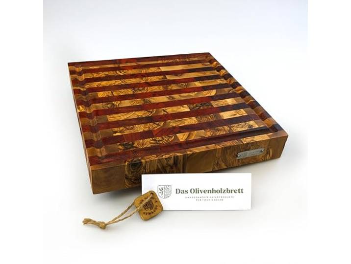 DAS OLIVENHOLZBRETT®Mosaik Streifen/Schneidebrett mit Saftrille/30x30x4,5cm Luxus Hirnholzbrett aus Olivenholz/Olivenholz Stirnholz/massiv/rechteckig/Saftrinne