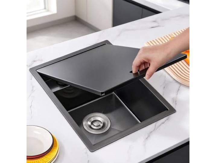 Kompakte RV-Küchenspüle Aus Edelstahl Mit Einer Schüssel Und Abdeckung Unsichtbares Waschbecken Zum Waschen Von Gemüse, Entwässerung Für Kleine Räume, Apartment Hotel(30*45*22cm)