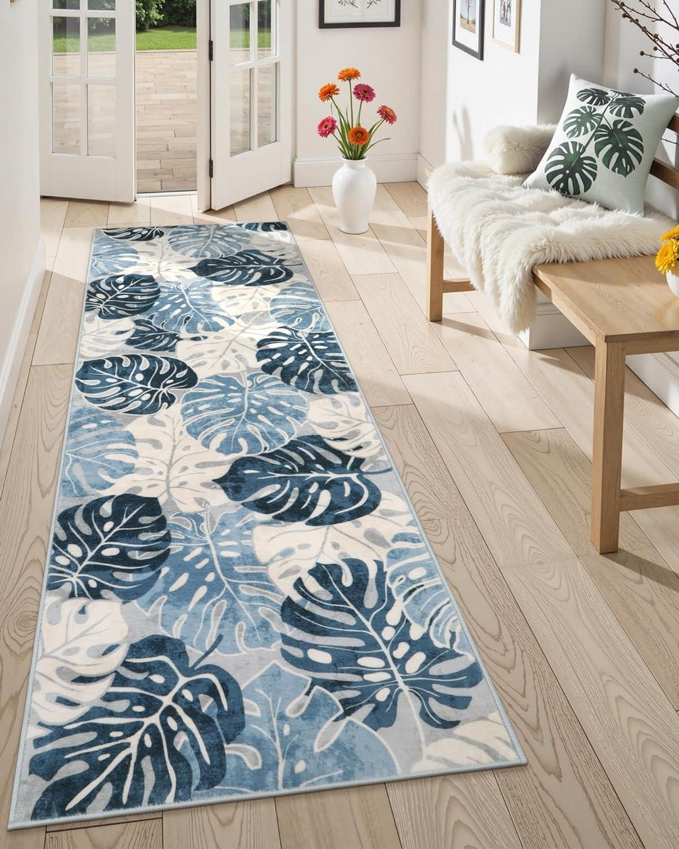 Keukentapijt Monstera Bladeren - Blauw - Rechthoekig - Machine Wasbaar