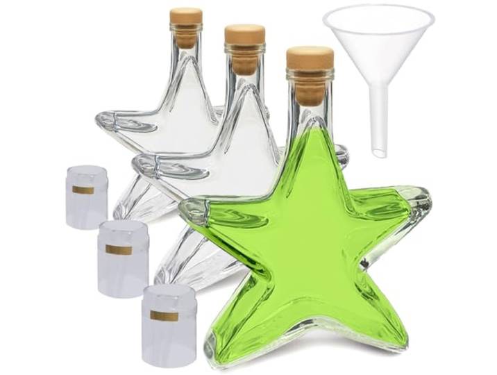 Geniess-Bar! 30 Sternflaschen leer 200ml Stern Weihnachtsflaschen Flasche Sternform Geschenkflasche Sterne 0,2l mit Korken, Kapseln zum Versiegeln & Trichter zum Befüllen