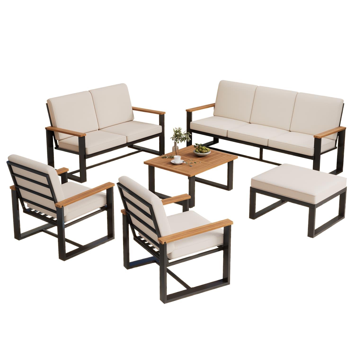 Gartenmöbel-Set,Garten-Loungesessel-Set(3-Sitzer-Sofa+2-Sitzer-Sofa+2 1-Sitzer-Sofas,Couchtisch+Fußhocker)Tischplatte aus Akazienholz,schlichte Design