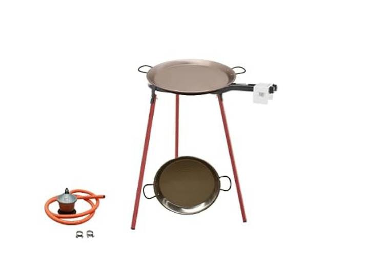 FERRETERIA LEPANTO Paella-Set, Butan-Gasbrenner, Paella-Pfanne aus poliertem Stahl, Gasregler + 1,5 m Schlauch, Halterung mit 3 robusten Beinen (poliert, 55 cm)