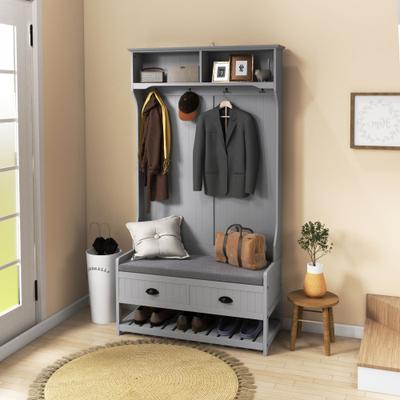 Lirago Hall Tree with Padded Bench Coat Rack Hooks and Shelves for Entryway Mudroom Hallway American Style with Storage Drawers