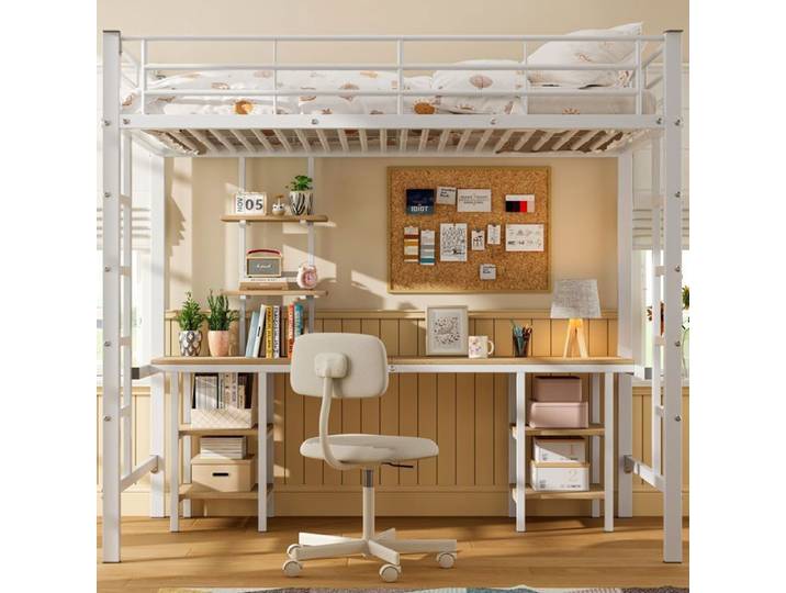 Lit à cadre en fer lit superposé avec table et étagères Convient aux enfants et aux adolescents lit d'enfant avec échelle latéral