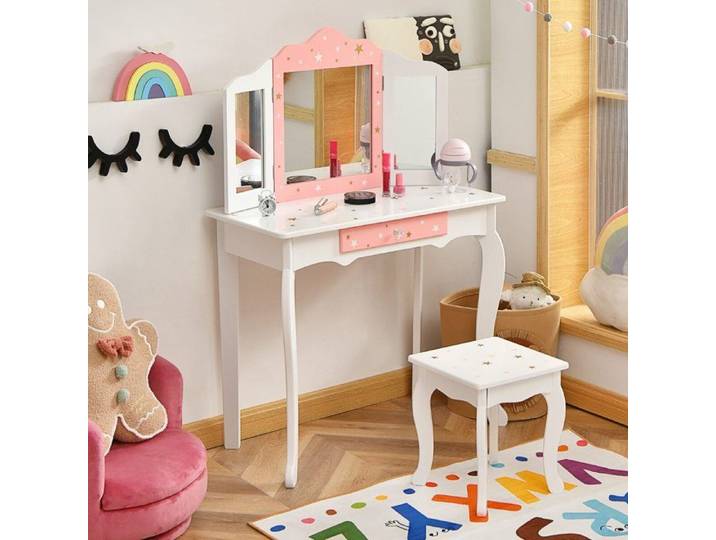 Ensemble coiffeuse enfant avec tabouret miroir triptyque tiroir bureau 2 en 1 amovible rose et blanc