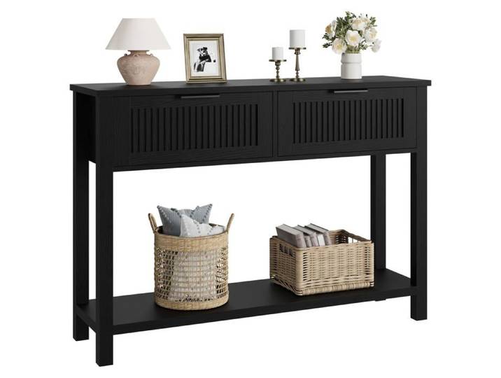 Console étroite - LUNSY - Deux tiroirs - Étagère ouverte - 110x30x80 cm - Noir - Style campagne - MDF haute densité