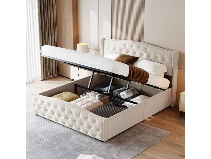 Lit coffre double rembourré en velours avec levier hydraulique - PERGAR - 160 x 200 cm - Beige - Contemporain