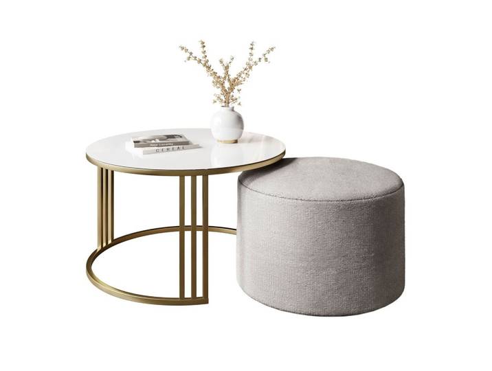 COUCHTISCH mit Hocker LORI GLASS gebürstetes Gold/weißes Glas/Perfect Harmony 82